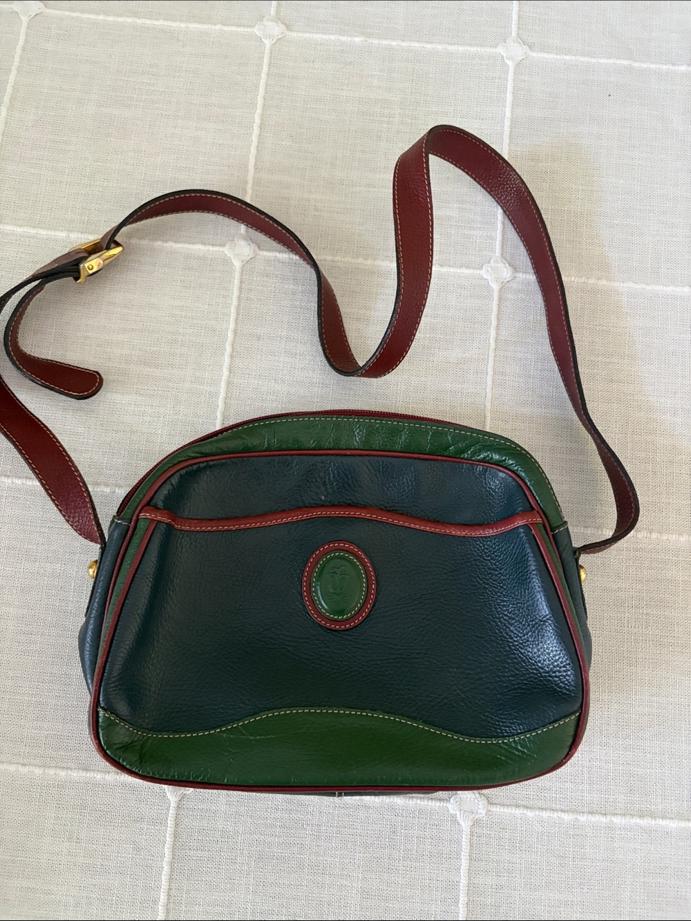 Lladro Green and Burgundy Leather Crossbody Bag